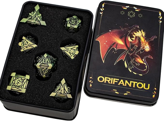 7PCS Metal DND Dice Set with Box, Debris RPG D and D Dice for use with D&D Tabletop Games Role Playing Game Polyhedral Dice Set D20 D12 D10 D8 D6 D4