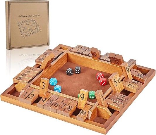 ApudArmis 4-Way Shut The Box, Large Wooden Board Game Set with Dice, 4 Ways Play Shut-The-Box for Kids Learning Addtion Adults Classroom Home Party Pub (12 in)