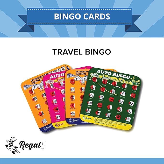 Regal Games Finger-Tip Shutter Bingo Cards with Sliding Windows - Interstate Bingo & Auto Bingo Game - Assorted Colors Travel Bingo Game Set Kids - Reusable, No Chips & Daubers Needed - 4 Packs