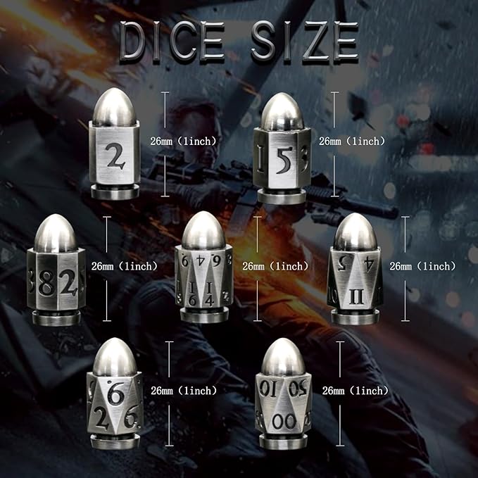 Bullet Dice for Dungeons and Dragons, Metal Dice Set D&D Unique Cool Polyhedral Dice for Role Playing Game (Bullet Sliver)