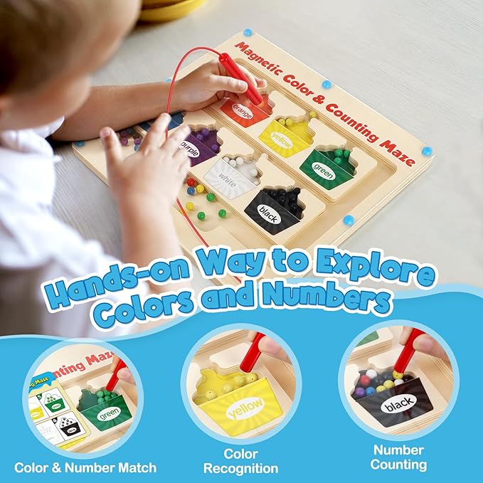 Aizweb Magnetic Color & Number Maze,Montessori Toys Wooden Magnetic Puzzle Board Color Sorting Counting Matching Toy,Toddler Learning Activities Fine Motor Skills Toy for Boy Girl 2 3 4 5 Year Old