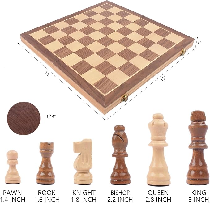 Wooden Chess and Checkers Game Sets Magnetic for Kids and Adult,Portable Travel Folding Game Board 2in1 Kits,Beginner Chessmen with Storage Slots