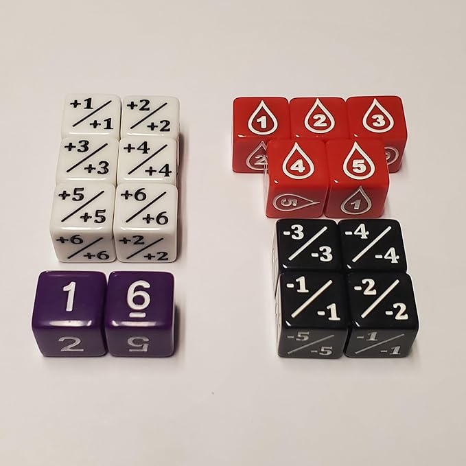 2PCG Dice Counter Set Compatible with Vs. System / 17 Unique Counters/Positive & Negative Counters, Wound Counters and Purple d6 for XP