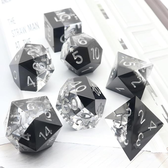 Haxtec Sharp Edge DND Dice Set - Black Swirls Resin Dice with Case for D&D RPG Role Playing Games