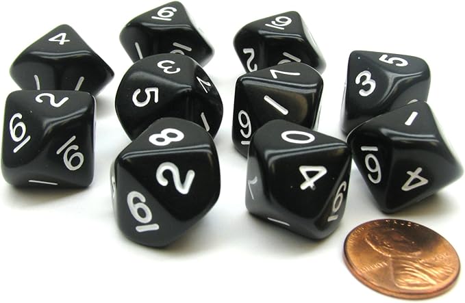 Koplow Games 10 Piece Set of 10-Sided D10 Polyhedral Dice - Black with White Numbers