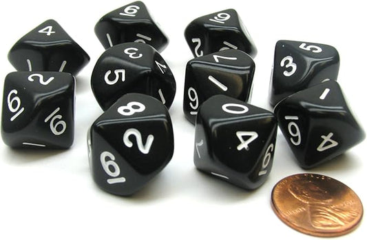 Koplow Games 10 Piece Set of 10-Sided D10 Polyhedral Dice - Black with White Numbers