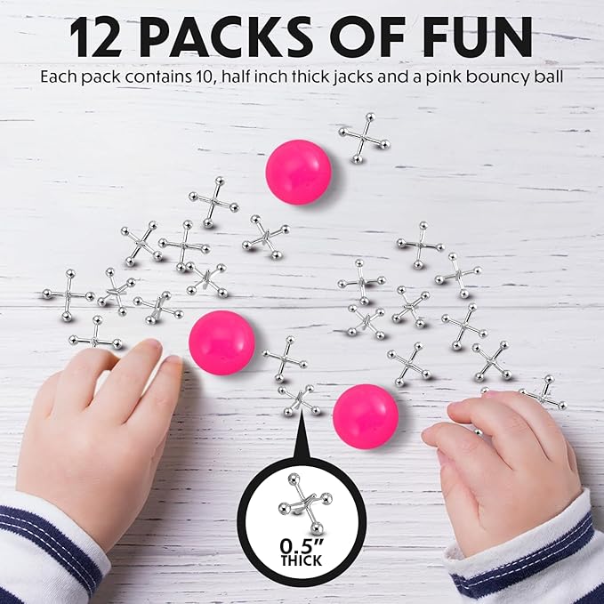 Metal Jacks Game Set - 12 Sets - Retro Kids' Entertainment with Metallic Jacks and Bouncy Ball - Classic Jacks Game for Fun and Skill Development