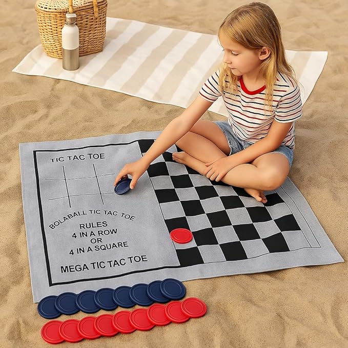 Bolaball 3-in-1 Giant Checkers, Tic Tac Toe Jumbo Game, 26"x26", Reversible Carpet, Indoor Outdoor Yard Board Game for Family and Friends with 24 Chips