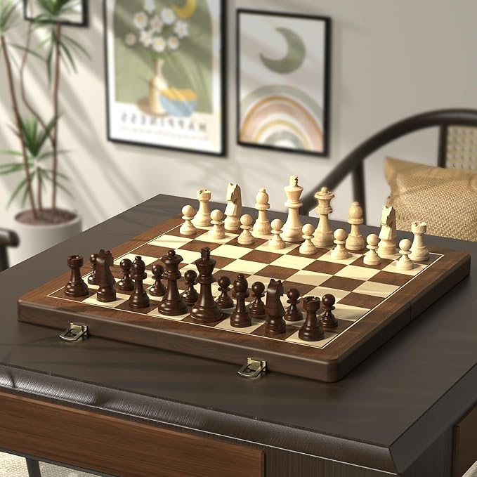 Premium Natural Walnut 15" Magnetic Wooden Folding Chess & Checkers Set- 2 in 1 Board Game with 3" King Staunton Pieces and 2 Extra Queens, Checkers, and Dust-Proof Storage Bag (Red)