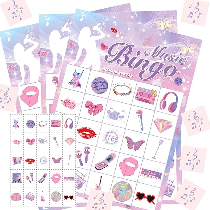 Kavoc Music Birthday Party Bingo Games for 24 Players with Bingo Cards Music Themed Birthday Party Bingo Game for Bachelorette Party Supplies