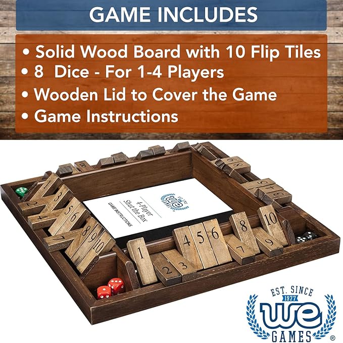 WE Games Shut The Box Board Game - Classic 4 Player Wooden Table Top Dice Game for Family Game Night, Walnut Stained Wood, 14 in., 10 Numbers, Classroom Play or Bar Fun for Adults