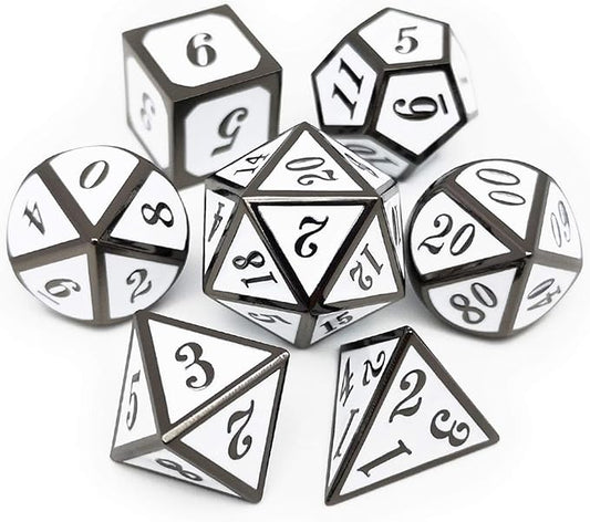Haxtec 7 Die DND Metal Dice Set D&D 7PCS DND Dice of D20 D12 D10 D8 D6 D4 for Dungeons and Dragons RPG Games-Glossy Enamel Dice (Black White)