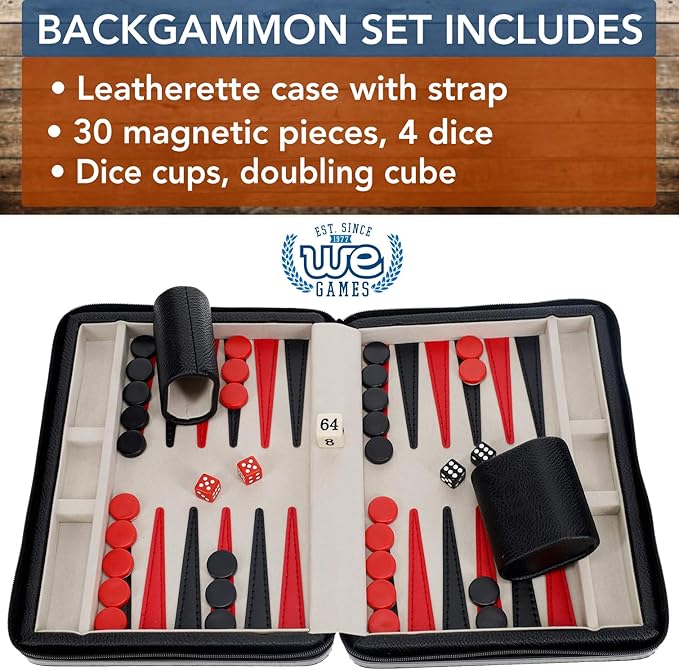 WE Games Magnetic Premium Backgammon Board Game Set, Black Travel Sized Backgammon Game, Classic Strategy Game for Families, Includes Carrying Leatherette Case Magnetic Chips, Durable Design