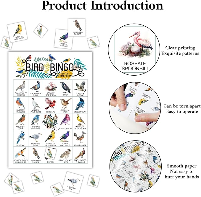 North America Birds Bingo Games, 24 Players Bingo Cards, Animals Party Activities for Family Friends, Card Gifts for Bird Lovers, Bird Party Game Bingo Supplies -04