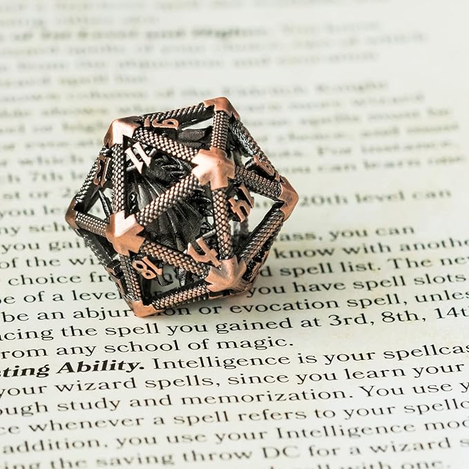 UDIXI 22mm D20 Metal Dice, Single D20 DND Dice, Hollow Dragon Design Polyhedral Dice D&D for Dungeons and Dragons, Role Playing Game Pathfinder(Ancient Copper)