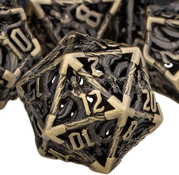 Hollow DND Dice Set Metal Wizard Dice with Box, 7pcs Bronze Polyhedral D and D Dice for use with D&D RPG Tabletop Games Role Playing Game
