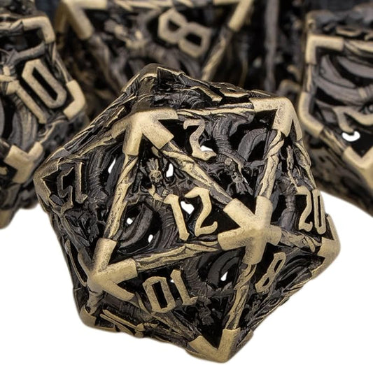 Hollow DND Dice Set Metal Wizard Dice with Box, 7pcs Bronze Polyhedral D and D Dice for use with D&D RPG Tabletop Games Role Playing Game