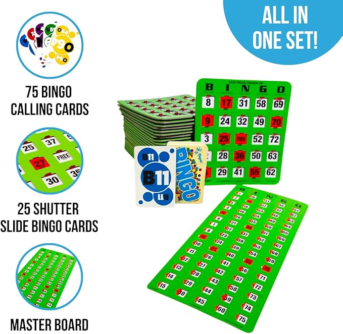 Regal Games - Finger-Tip Bingo Set - Jumbo Calling Cards with Master Board and Calling Cards - Green - 25 Easy Read Shutter Slide Cards