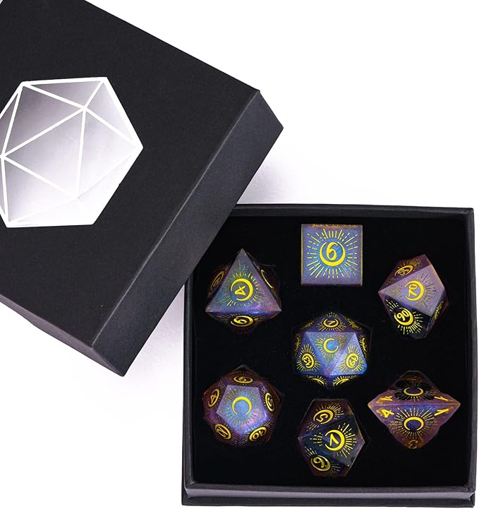 Cusdie Sharp Edges DND Dice, 7 PCs Moon Dice Set D&D Dice, Handcrafted Polyhedral Dice Set, for Role Playing Game Pathfinder(Moon/Purple Black)