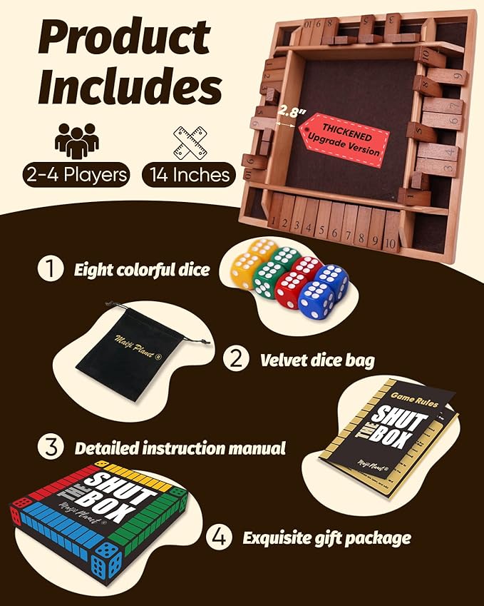14" Dulexe Upgraded Shut The Box for 2 4 Players Math Family Game Night Quick Dice Game for Party Camp Bar Travel Class School Wooden Table Top Board Game for Adults Kids Couple Elder