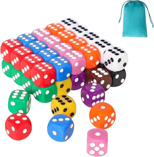 50 Pieces 16mm Colored Dice Set, Bulk Dice in 10 Colors with a Blue Drawstring Storage Bag, 6 Sided Dice for Board Games