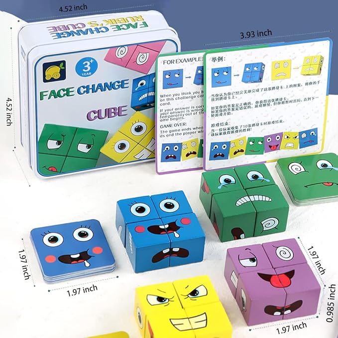 Speed Cube Wooden Expressions Matching Block Puzzles Cute Portable Face-Changing Cube Building Cubes Blocks Parent-Child Board Educational Games for Kids