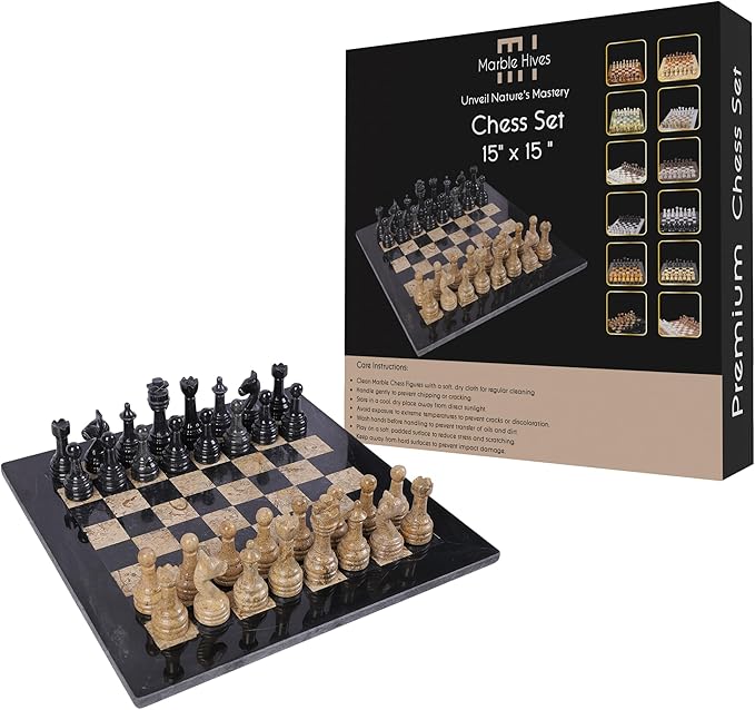 15 Inch Luxury Chess Set Classic Chess Boards for Adults with Handcrafted Stone Board & Marble Chess Pieces Ideal for Home Decor (Black & Coral)