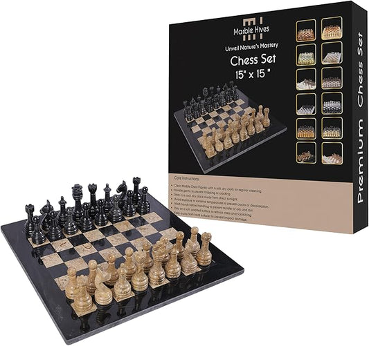 15 Inch Luxury Chess Set Classic Chess Boards for Adults with Handcrafted Stone Board & Marble Chess Pieces Ideal for Home Decor (Black & Coral)