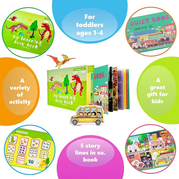 2023 New Toddlers Busy Book: Montessori Quiet Book Travel Games Puzzle Board Books for Kids Gifts, Develop Early Learning & Cognitive Skills - Dinosaur Theme.