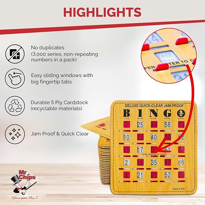 MR CHIPS Jam-Proof Bingo Cards with Sliding Windows, 50 Reusable Shutter Cards, 75 Calling Cards 1 Master Board in Woodgrain Style