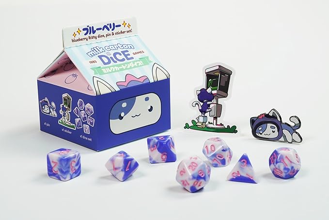 1985 Games Blueberry Kawaii Cat Dice Set – Milk Carton-Inspired Dice for DND | TTRPGs & Tabletop Roleplaying