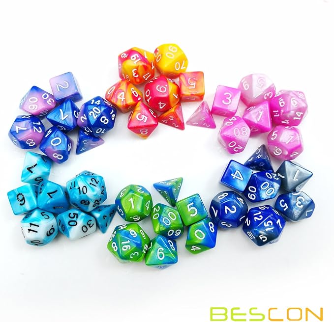 Bescon Mini Gemini Two Tone Polyhedral RPG Dice Set 10MM, Mini RPG Dice Set D4-D20 in Tube Packaging, Assorted Colored of 42pcs (7X6
