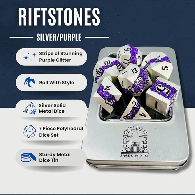 Sage's Portal Metal Riftstone DND Dice 7-PC Polyhedral Dice Set for DND TTRPG Dungeons and Dragons Pathfinder Oversized Designer Dice (Pearl Silver/Purple)