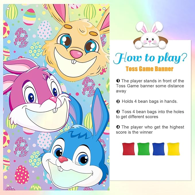 Easter Games, Funny Bunny Toss Game, with 4 Bean Bags, Premium Banner and Accessories, Easter Party Games for Kids Adults Family Outdoor, Party Activities Supplies