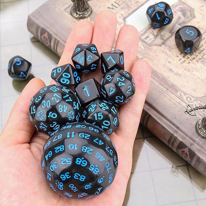 Coyeekn DND Dice 15 Pieces Polyhedral Dice D3-D100 with Dice Bag for Role Playing Table Games (Black & Blue)…
