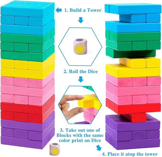 Stacking Board Game,Colored Wooden Stacking Game,48PCS Tumble Tower With Dice,Colorful Stacking Block Party Game,Educational Stacking Building Blocks For Kids,Stacking Gifts Set For Boys Girls Adults