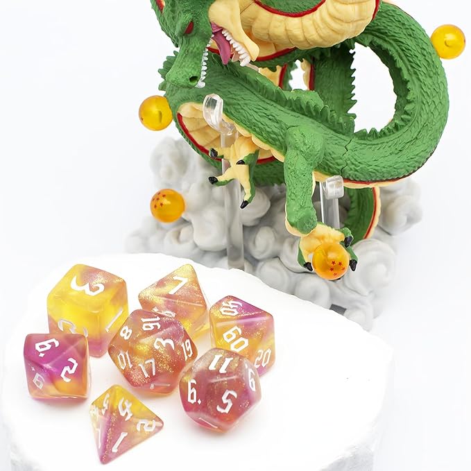 DND Dice Set with Dragon Totem Metal Gife Case, Dungeons and Dragons Dice Set,Polyhedral Dice Set Filled with Shiny Glitters,Role Playing Games and Tabletop Games (Yellow)