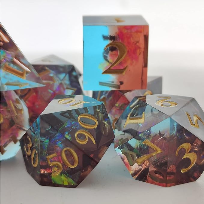 D&D DND Resin dice Set, RPG Sharp dice Handmade polyhedral dice Set with Beautiful connotations, Suitable for Role-Playing Board Game Dungeons & Dragons 7PC Digital Free Black Storage Bag Brown Blue