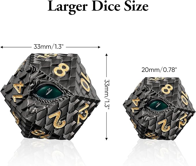 Dragon Eye Scale DND Metal Dice,33mm 20 Sided Giant D20, Large Polyhedral Dice, D&D Metal Dice Set for Dungeons and Dragons, RPG, MTG & Tabletop Games(Gray with Green Eye)