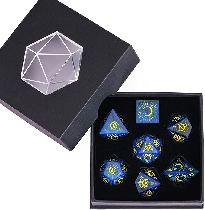 Cusdie Sharp Edges DND Dice, 7 PCs Moon Dice Set D&D Dice, Handcrafted Polyhedral Dice Set, for Role Playing Game Pathfinder(Moon/Blue Black)