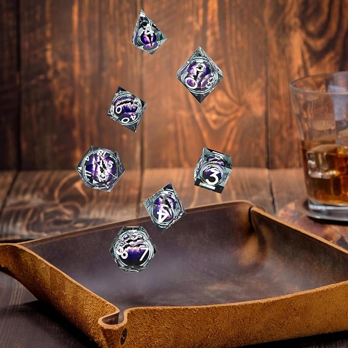 Dragon Eye Liquid Core Resin Dice Set 7 PCS Sharp Edges Handmade Craft with Gift Box Perfect for Dungeons and Dragons DND (Black-Purple)