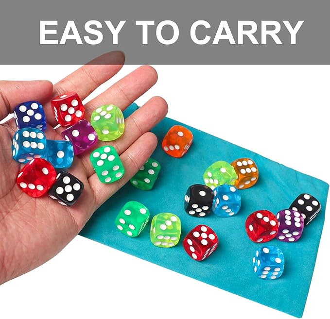 50 Pieces 16mm Colored Dice Set, Bulk Dice in 10 Translucent Colors with a Blue Drawstring Storage Bag, 6 Sided Dice for Board Games
