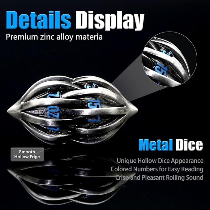 DND Dice Set for Dungeons and Dragons, Metal D&D Dice 7PS/Set, ZHOORQI Polyhedral Dices Set for Role Playing Game Gifts(Arcanum-Blue)