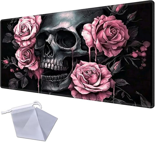 for MTG Playmat for Trading Card Games, Non-Slip Rubber Smooth Surface with Stitched Edges, Durable Desk Pad for Card Games, Custom Anime Playmat, Pink Rose Skull