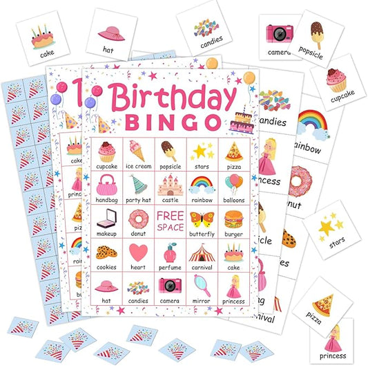 24 Players Birthday Party Bingo Game Cards, Birthday Bingo Game for Large Group, Princess Birthday Party Bingo Game Activity for Family Friend Adult Holiday -05