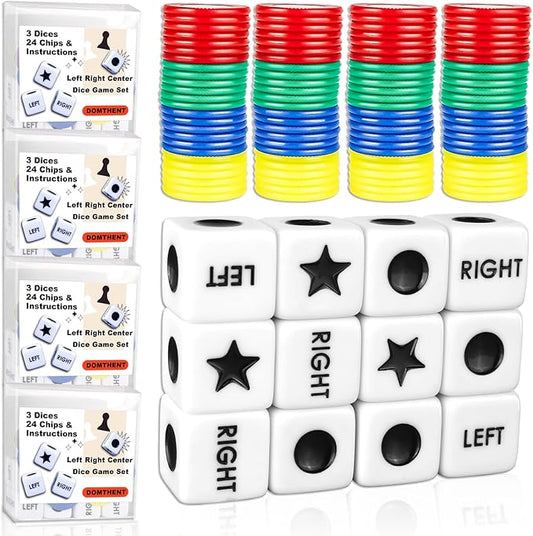 Left Right Center Dice Game Set - 4 Pack with 3 Dice, 24 Chips, and Instructions per Set - Easy Storage Box Design for Travel,School, Parties, and Family Gathering (4)