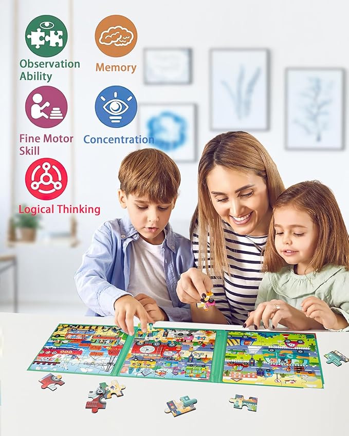 Magnetic Puzzles for Kids Ages 4-8, 3 in 1 Wooden Jigsaw Puzzles Book for Toddlers, Car Activities Toy for Girls 4-6, Learning Magnet Toys for Road Trip (Vehicle)