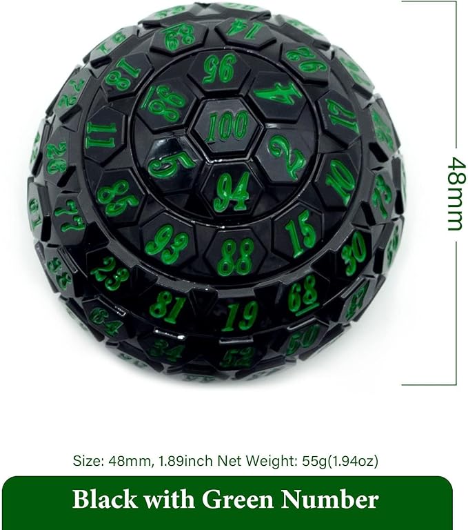 100 Sided Polyhedral Dice, Single D100 Game Dice, 100 Sided Cube with Black Pouch, D100 die 48 mm (Black with Green Number)