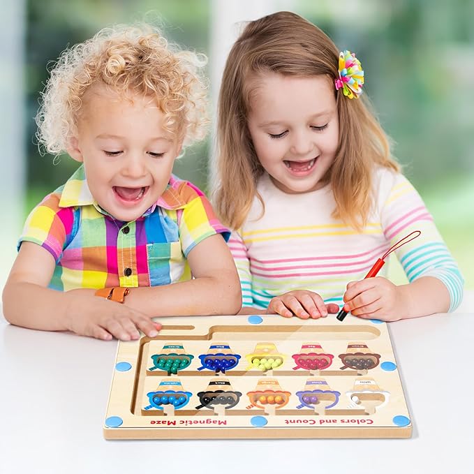 Magnetic Color and Number Maze, Montessori Toys for 3+ Year Old, Wooden Puzzle Activity Board, Toddler Counting Maze Toys for Boys Girls Preschooler 3 4 5 Years Old Gift(Ice Cream)