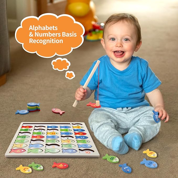 Wooden Magnetic Fishing Game for Toddlers, Montessori Fine Motor Skills Toy with Letters and Numbers, Preschool Learning ABC and Puzzle Educational Toys Gift for 3 4 5+ Year Old Kids(2 Poles)